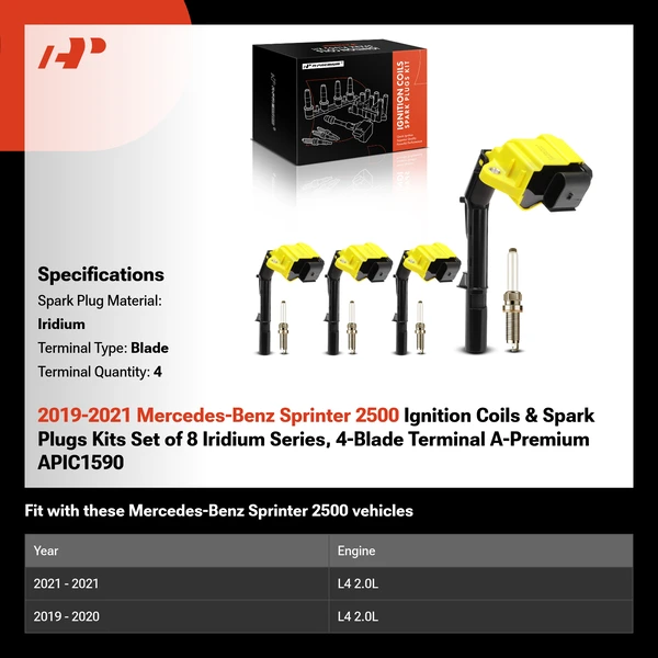 2019-2021 Mercedes-Benz Sprinter 2500 Ignition Coils & Spark Plugs Kits Set of 8 Iridium Series, 4-Blade Terminal A-Premium APIC1590