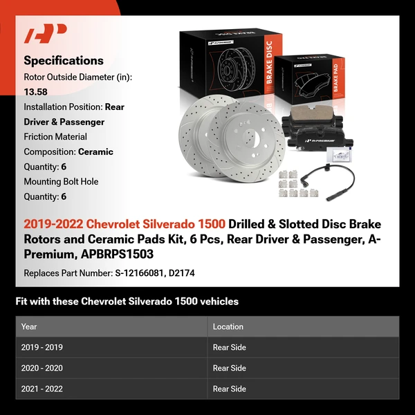 2019-2022 Chevrolet Silverado 1500 Drilled & Slotted Disc Brake Rotors and Ceramic Pads Kit, 6 Pcs, Rear Driver & Passenger, A-Premium, APBRPS1503