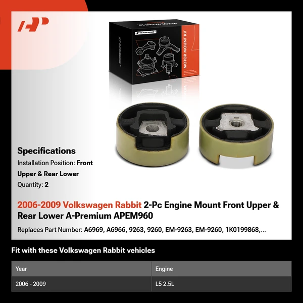 2006-2009 Volkswagen Rabbit 2-Pc Engine Mount Front Upper & Rear Lower A-Premium APEM960