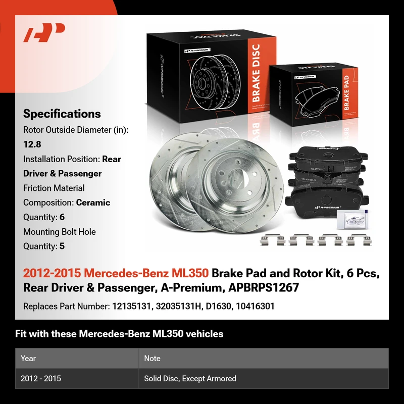 2012-2015 Mercedes-Benz ML350 Brake Pad and Rotor Kit, 6 Pcs, Rear Driver & Passenger, A-Premium, APBRPS1267