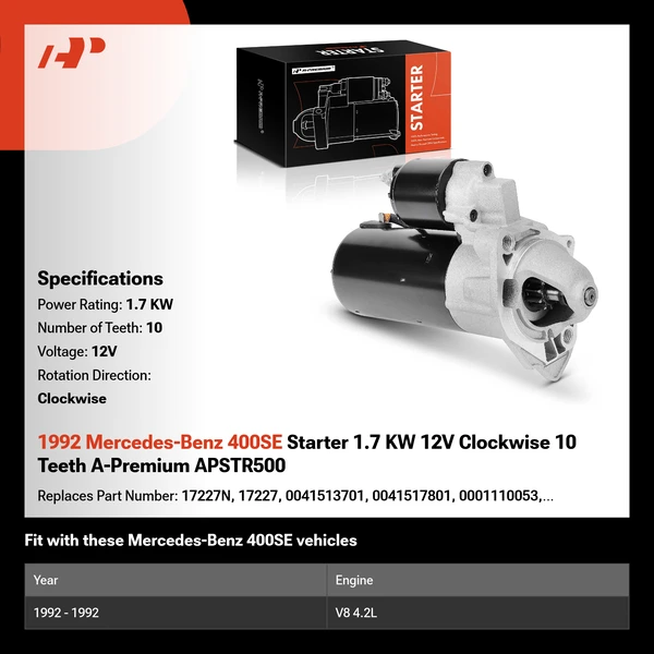 1992 Mercedes-Benz 400SE Starter 1.7 KW 12V Clockwise 10 Teeth A-Premium APSTR500
