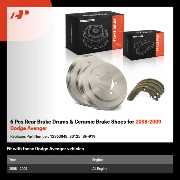 6 Pcs Rear Brake Drums & Ceramic Brake Shoes for 2008-2009 Dodge Avenger