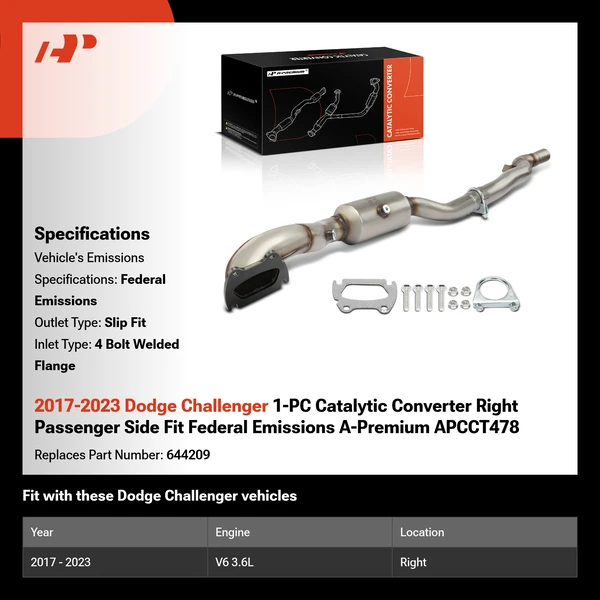 2017-2023 Dodge Challenger 1-PC Catalytic Converter Right Passenger Side Fit Federal Emissions A-Premium APCCT478