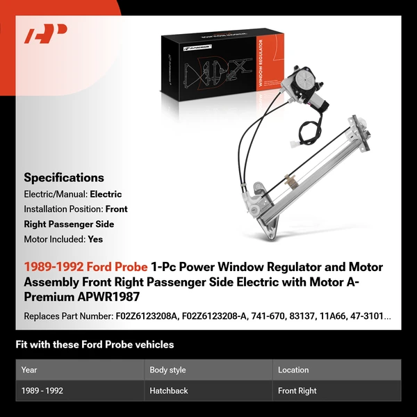 1989-1992 Ford Probe 1-Pc Power Window Regulator and Motor Assembly Front Right Passenger Side Electric with Motor A-Premium APWR1987