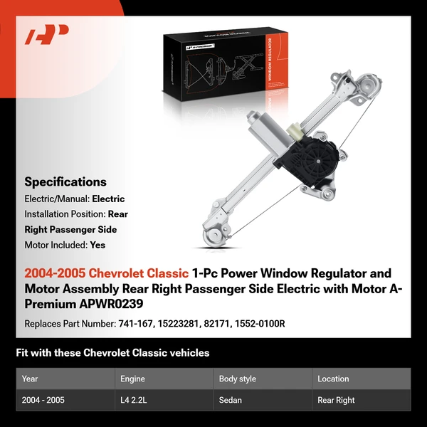 2004-2005 Chevrolet Classic 1-Pc Power Window Regulator and Motor Assembly Rear Right Passenger Side Electric with Motor A-Premium APWR0239
