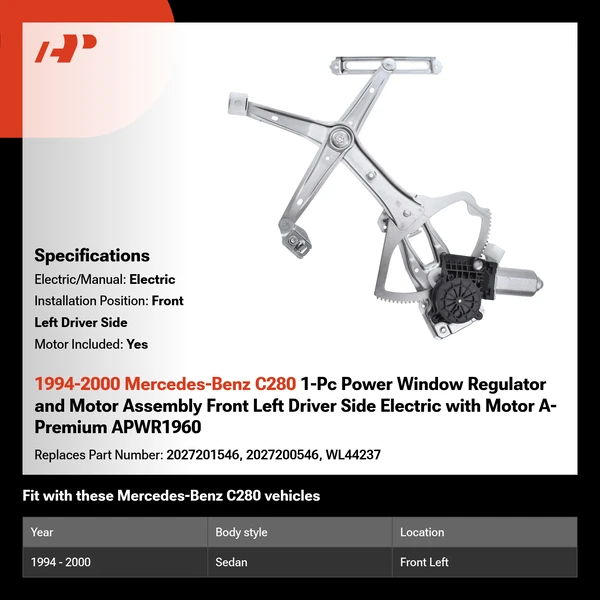 1994-2000 Mercedes-Benz C280 1-Pc Power Window Regulator and Motor Assembly Front Left Driver Side Electric with Motor A-Premium APWR1960