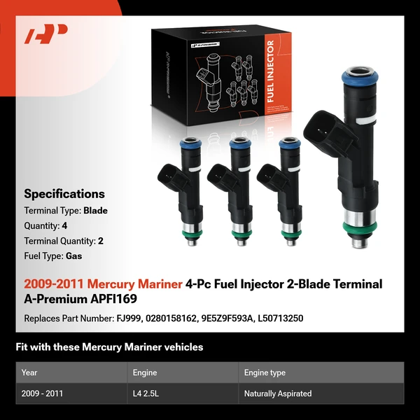 2009-2011 Mercury Mariner 4-Pc Fuel Injector 2-Blade Terminal A-Premium APFI169