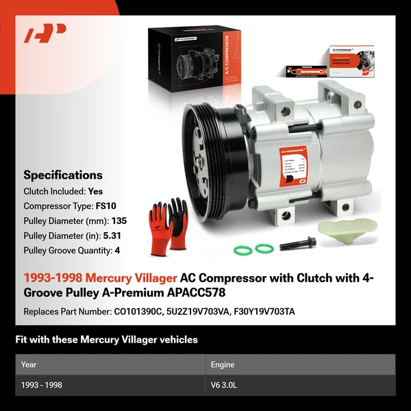 1993-1998 Mercury Villager AC Compressor with Clutch with 4-Groove Pulley A-Premium APACC578