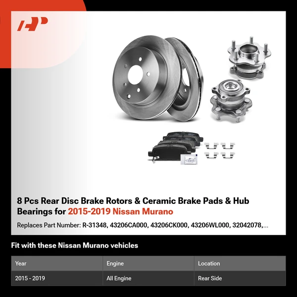 8 Pcs Rear Disc Brake Rotors & Ceramic Brake Pads & Hub Bearings for 2015-2019 Nissan Murano