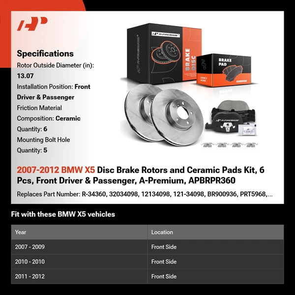 2007-2012 BMW X5 Disc Brake Rotors and Ceramic Pads Kit, 6 Pcs, Front Driver & Passenger, A-Premium, APBRPR360