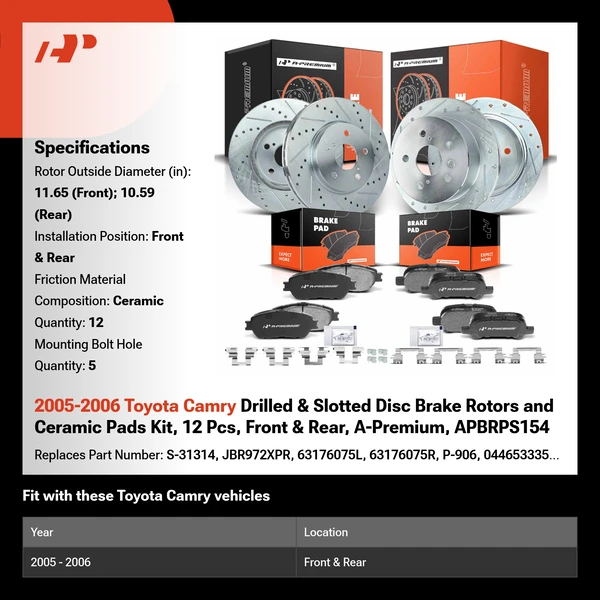2005-2006 Toyota Camry Drilled & Slotted Disc Brake Rotors and Ceramic Pads Kit, 12 Pcs, Front & Rear, A-Premium, APBRPS154