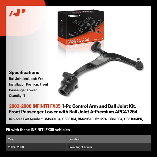 2003-2008 INFINITI FX35 1-Pc Control Arm and Ball Joint Kit, Front Passenger Lower with Ball Joint A-Premium APCA7254