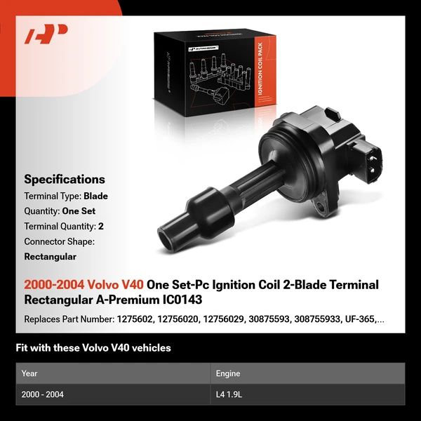 2000-2004 Volvo V40 One Set-Pc Ignition Coil 2-Blade Terminal Rectangular A-Premium IC0143