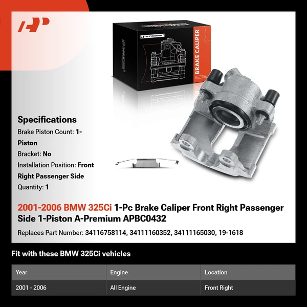 2001-2006 BMW 325Ci 1-Pc Brake Caliper Front Right Passenger Side 1-Piston A-Premium APBC0432