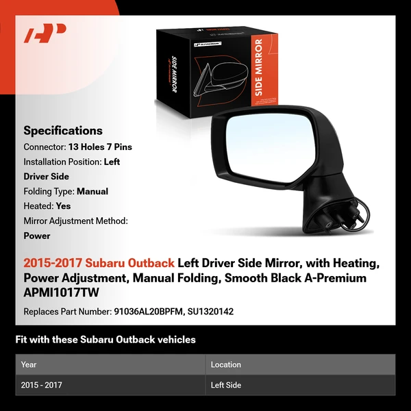 2015-2017 Subaru Outback Left Driver Side Mirror, with Heating, Power Adjustment, Manual Folding, Smooth Black A-Premium APMI1017TW