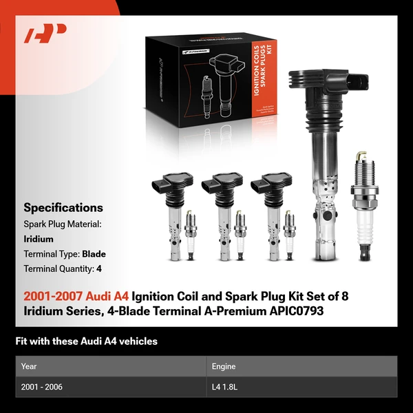 2001-2007 Audi A4 Ignition Coil and Spark Plug Kit Set of 8 Iridium Series, 4-Blade Terminal A-Premium APIC0793