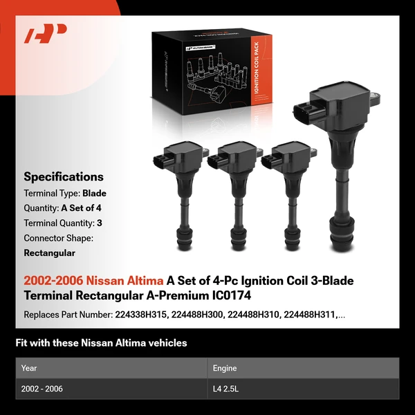 2002-2006 Nissan Altima A Set of 4-Pc Ignition Coil 3-Blade Terminal Rectangular A-Premium IC0174