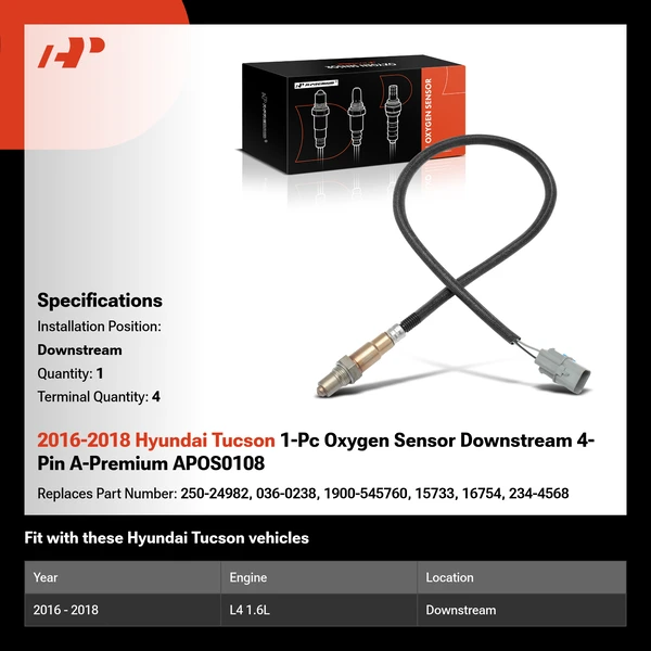 2016-2018 Hyundai Tucson 1-Pc Oxygen Sensor Downstream 4-Pin A-Premium APOS0108