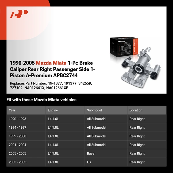 1990-2005 Mazda Miata 1-Pc Brake Caliper Rear Right Passenger Side 1-Piston A-Premium APBC2744