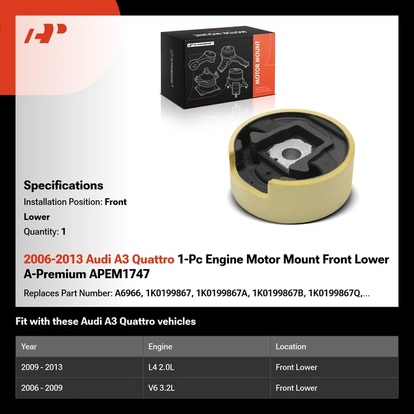 2006-2013 Audi A3 Quattro 1-Pc Engine Motor Mount Front Lower A-Premium APEM1747