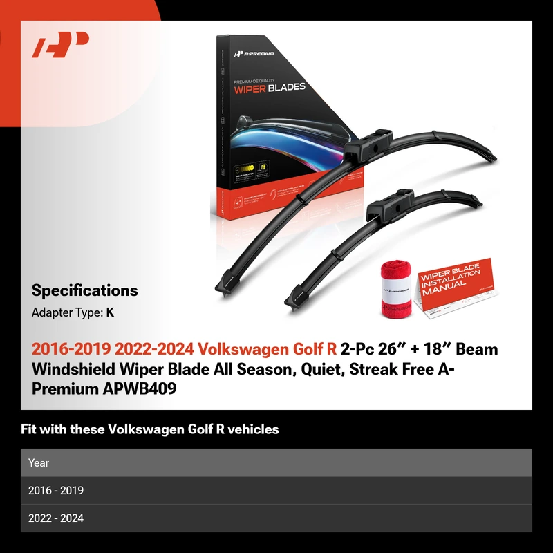 2016-2019 2022-2024 Volkswagen Golf R 2-Pc 26″ + 18″ Beam Windshield Wiper Blade All Season, Quiet, Streak Free A-Premium APWB409
