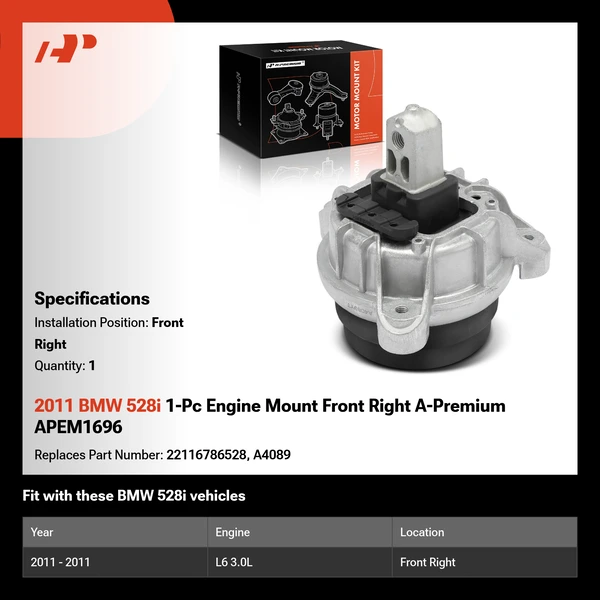 2011 BMW 528i 1-Pc Engine Mount Front Right A-Premium APEM1696