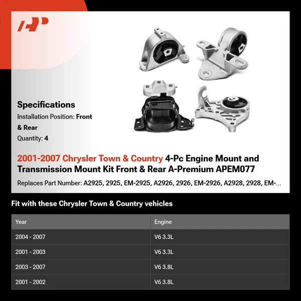 2001-2007 Chrysler Town & Country 4-Pc Engine Mount and Transmission Mount Kit Front & Rear A-Premium APEM077