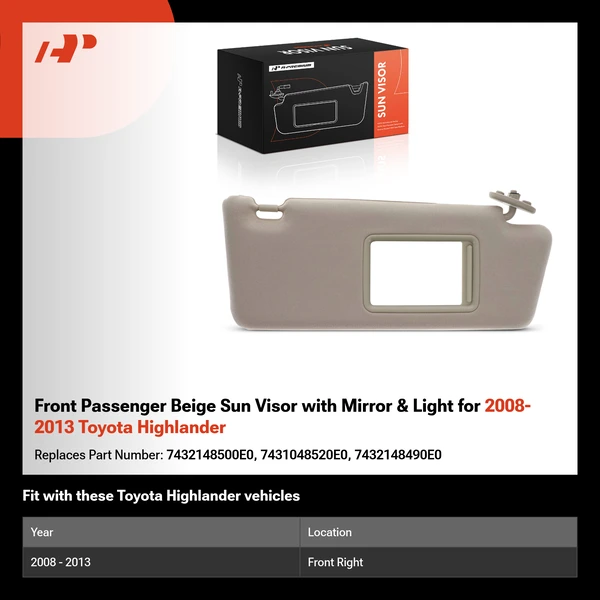 Front Passenger Beige Sun Visor with Mirror & Light for 2008-2013 Toyota Highlander