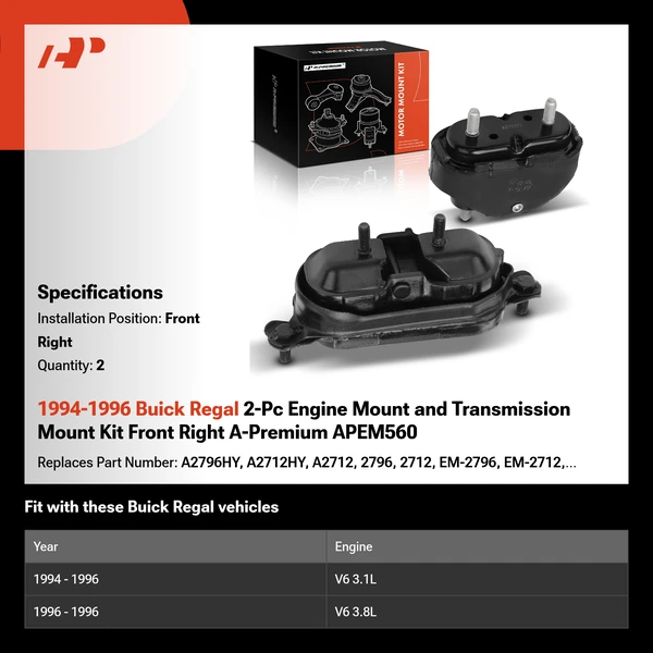 1994-1996 Buick Regal 2-Pc Engine Mount and Transmission Mount Kit Front Right A-Premium APEM560