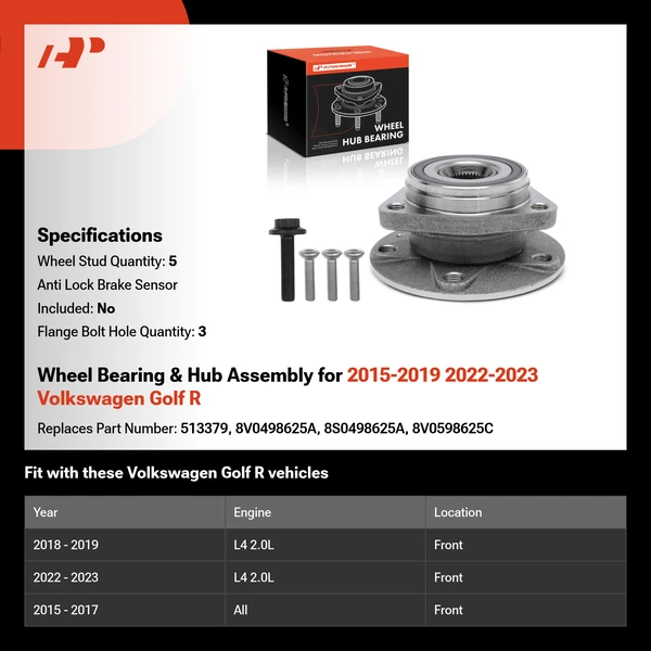 Wheel Bearing & Hub Assembly for 2015-2019 2022-2023 Volkswagen Golf R