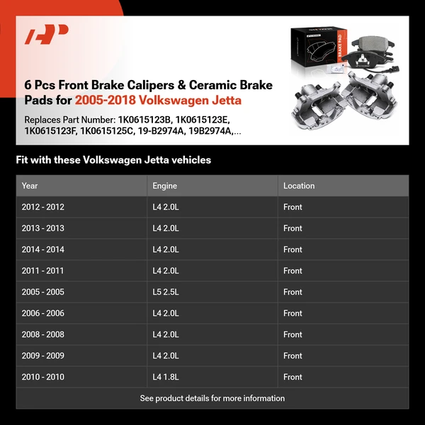 6 Pcs Front Brake Calipers & Ceramic Brake Pads for 2005-2018 Volkswagen Jetta