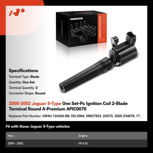 2000-2002 Jaguar S-Type One Set-Pc Ignition Coil 2-Blade Terminal Round A-Premium APIC0070
