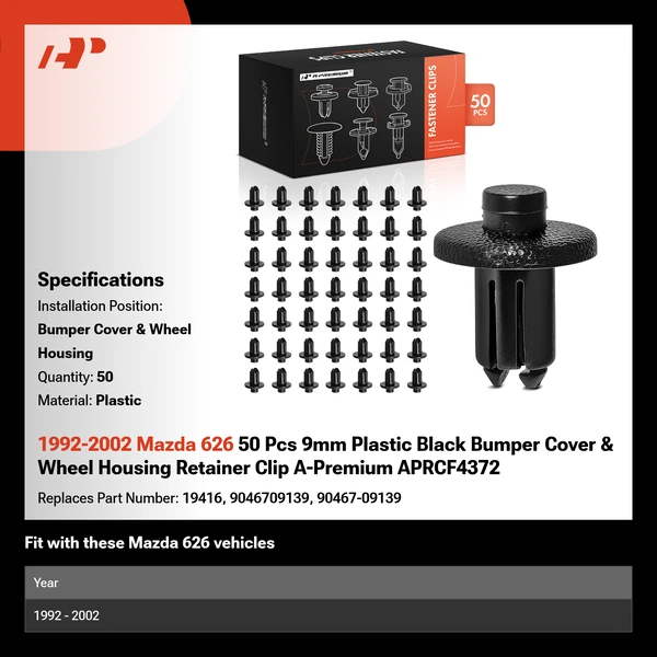 1992-2002 Mazda 626 50 Pcs 9mm Plastic Black Bumper Cover & Wheel Housing A-Premium APRCF4372