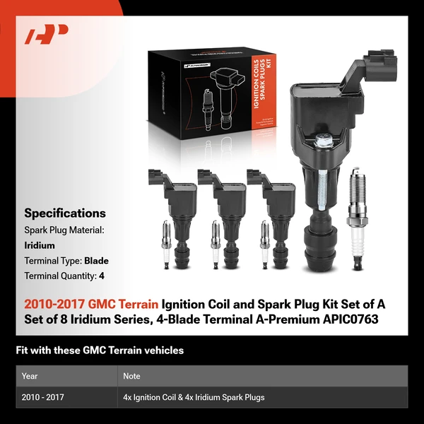 2010-2017 GMC Terrain Ignition Coil and Spark Plug Kit Set of A Set of 8 Iridium Series, 4-Blade Terminal A-Premium APIC0763