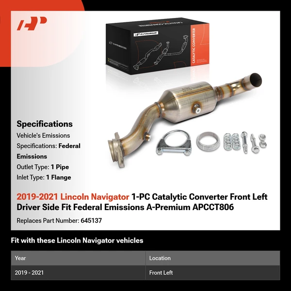 2019-2021 Lincoln Navigator 1-PC Catalytic Converter Front Left Driver Side Fit Federal Emissions A-Premium APCCT806