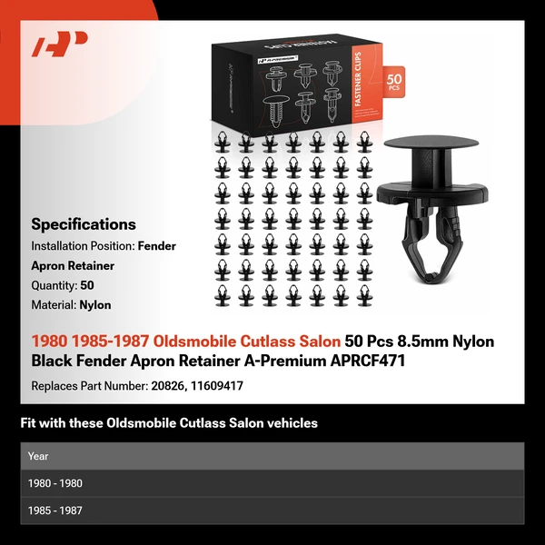 1980 1985-1987 Oldsmobile Cutlass Salon 50 Pcs 8.5mm Nylon Black Fender Apron Retainer A-Premium APRCF471
