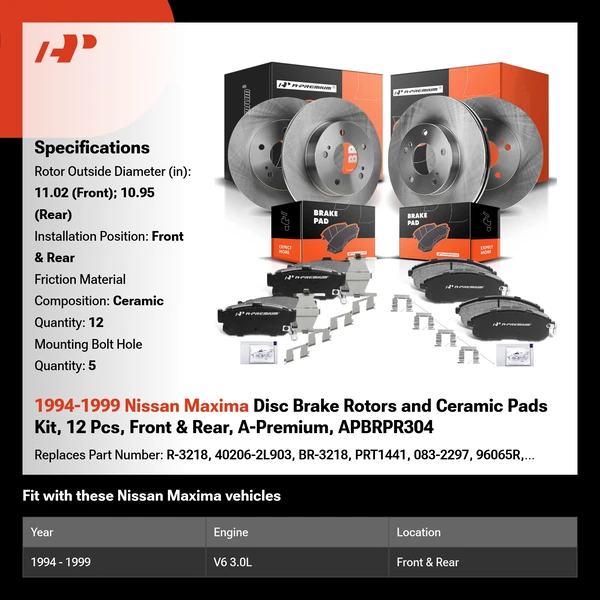 1994-1999 Nissan Maxima Disc Brake Rotors and Ceramic Pads Kit, 12 Pcs, Front & Rear, A-Premium, APBRPR304