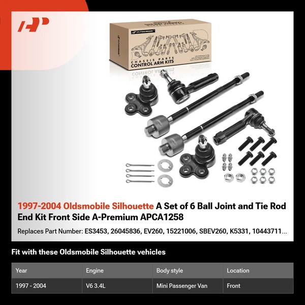 1997-2004 Oldsmobile Silhouette A Set of 6 Ball Joint and Tie Rod End Kit Front Side A-Premium APCA1258