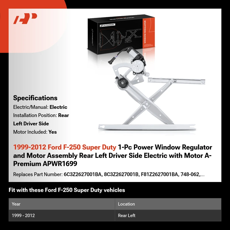 1999-2012 Ford F-250 Super Duty 1-Pc Power Window Regulator and Motor Assembly Rear Left Driver Side Electric with Motor A-Premium APWR1699