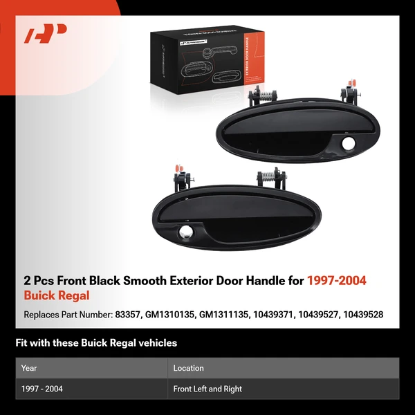 2 Pcs Front Black Smooth Exterior Door Handle for 1997-2004 Buick Regal