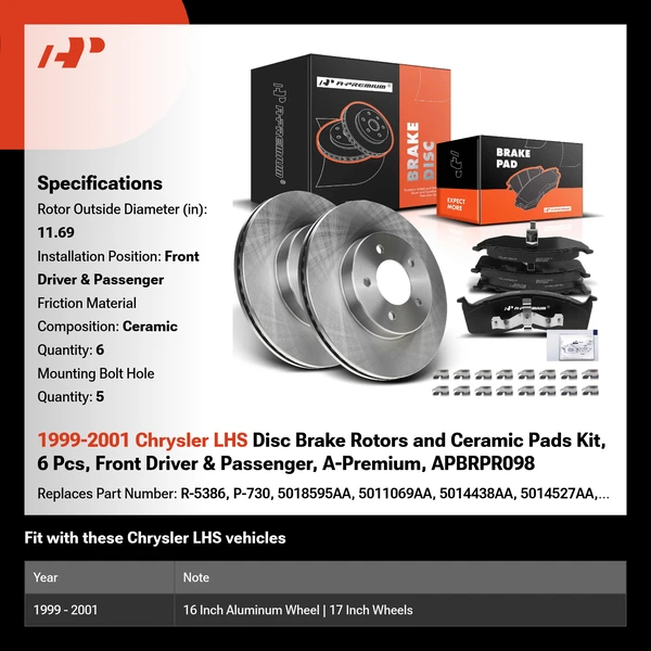 1999-2001 Chrysler LHS Disc Brake Rotors and Ceramic Pads Kit, 6 Pcs, Front Driver & Passenger, A-Premium, APBRPR098