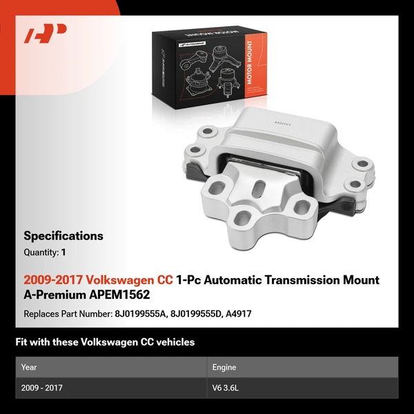 2009-2017 Volkswagen CC 1-Pc Automatic Transmission Mount A-Premium APEM1562