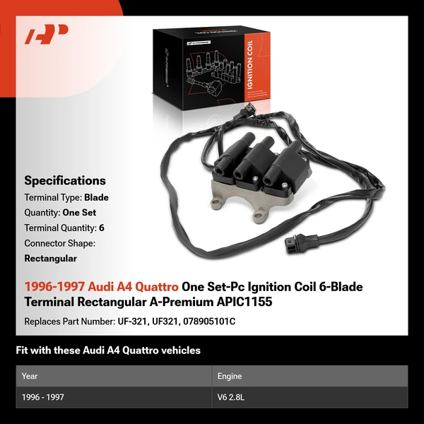 1996-1997 Audi A4 Quattro One Set-Pc Ignition Coil 6-Blade Terminal Rectangular A-Premium APIC1155