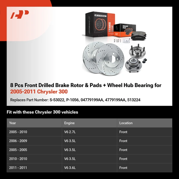 8 Pcs Front Drilled Brake Rotor & Pads + Wheel Hub Bearing for 2005-2011 Chrysler 300