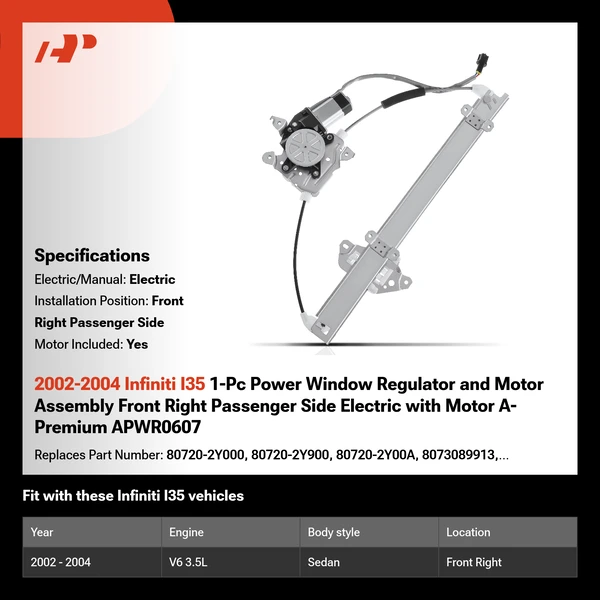 2002-2004 Infiniti I35 1-Pc Power Window Regulator and Motor Assembly Front Right Passenger Side Electric with Motor A-Premium APWR0607