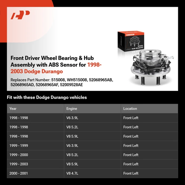 Front Driver Wheel Bearing & Hub Assembly with ABS Sensor for 1998-2003 Dodge Durango