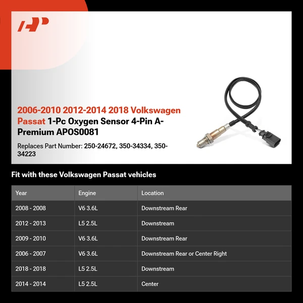 2006-2010 2012-2014 2018 Volkswagen Passat 1-Pc Oxygen Sensor 4-Pin A-Premium APOS0081