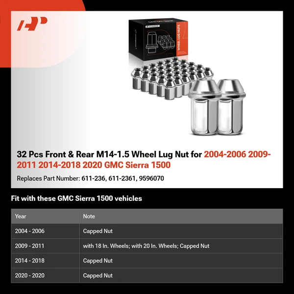32 Pcs Front & Rear M14-1.5 Wheel Lug Nut for 2004-2006 2009-2011 2014-2018 2020 GMC Sierra 1500