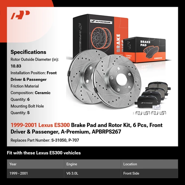 1999-2001 Lexus ES300 Brake Pad and Rotor Kit, 6 Pcs, Front Driver & Passenger, A-Premium, APBRPS267