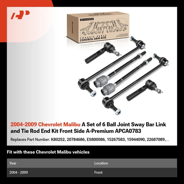 2004-2009 Chevrolet Malibu A Set of 6 Ball Joint Sway Bar Link and Tie Rod End Kit Front Side A-Premium APCA0783